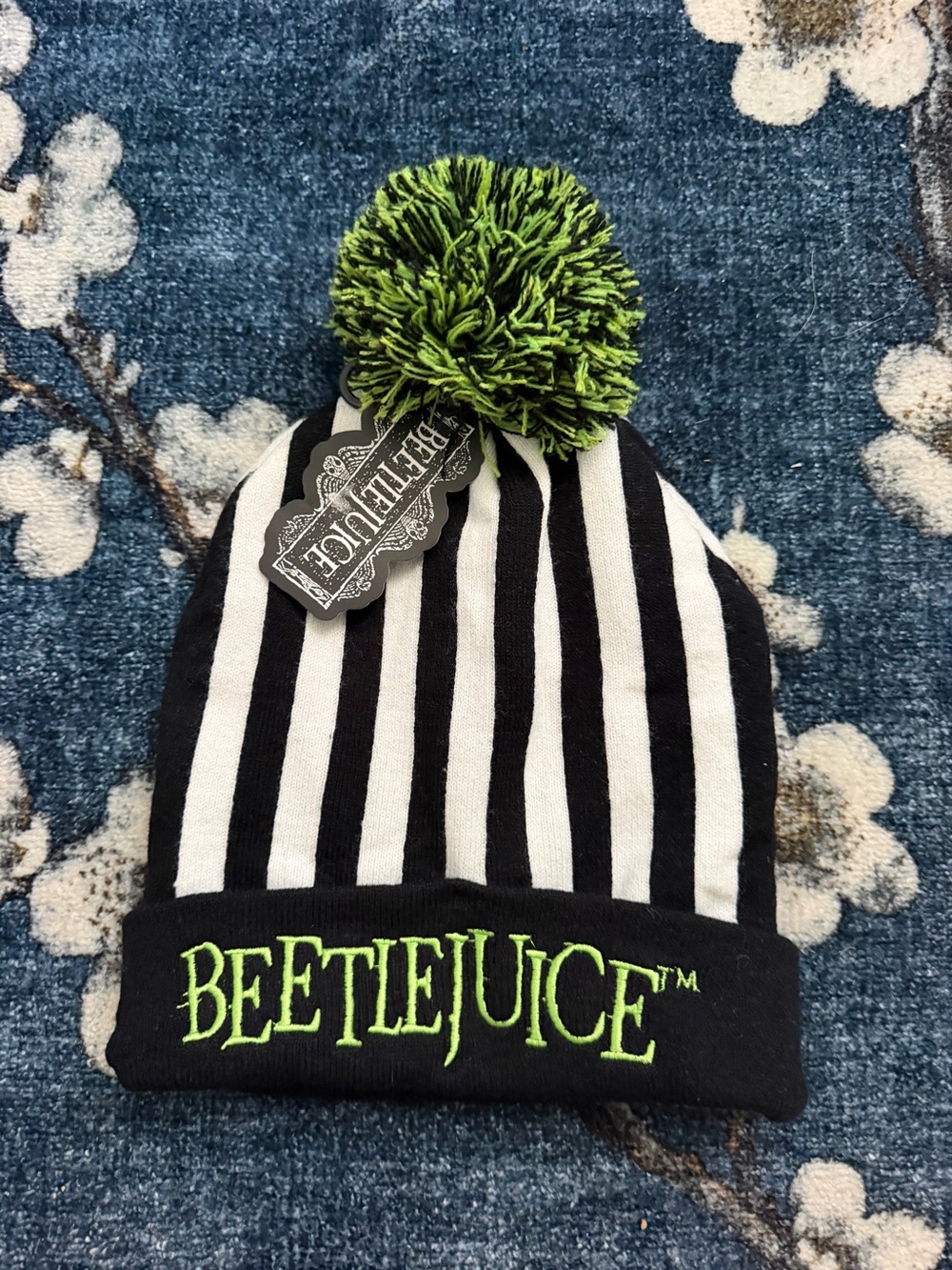 Beetlejuice Black & White Striped Pom Beanie with Neon Green Embroidery